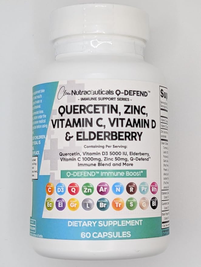 Q Defend Quercetin Supplement with Zinc Vitamin C Vitamin D Elderberry Turmeric Black Pepper Garlic Ginger Sea Moss Lysine Stinging Nettle Reishi Immune Support 60 Capsules Pack of 2 by Clean Nutra
