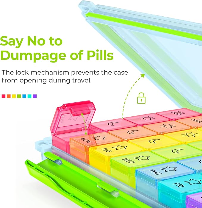 AUVON iMedassist Moisture-Proof Weekly Pill Organizer 4 Times a Day, Large 7 Day Pill Box Case with Portable Design for Travel, Removable Individual Containers Hold Vitamins, Supplements, Medications