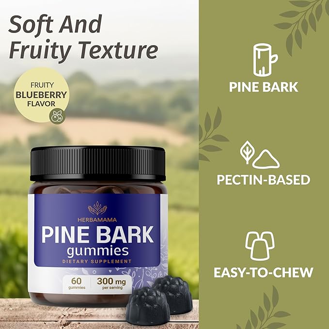 HERBAMAMA Pine Bark Extract Gummies - 300mg French Maritime Pine Bark Tree for Antioxidant Support - Vegan, Non-GMO Pinus Pinaster Supplement - 60 Pectin-Based Blueberry-Flavored Chews