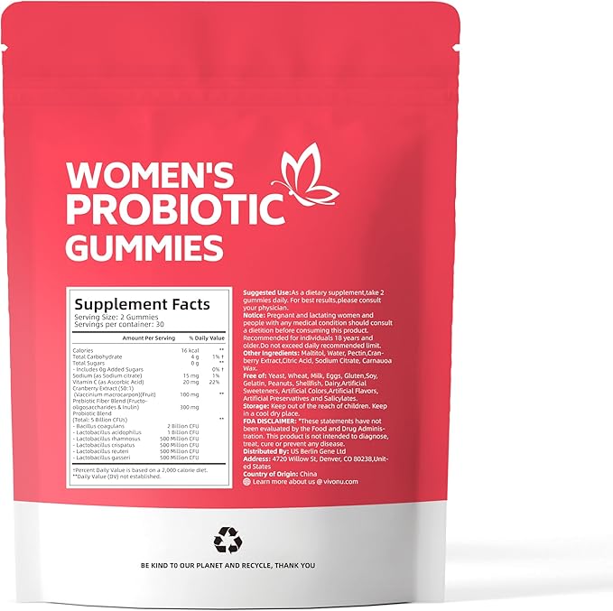 VivoNu Viginal Probiotics for Women, Women Probiotic Gummies, Feminine Balance Gummies, Prebiotic Gummy, Cranberry Probiotics for Woman Vaginigal Health, Yeast Ph Balance| 60 Gummies