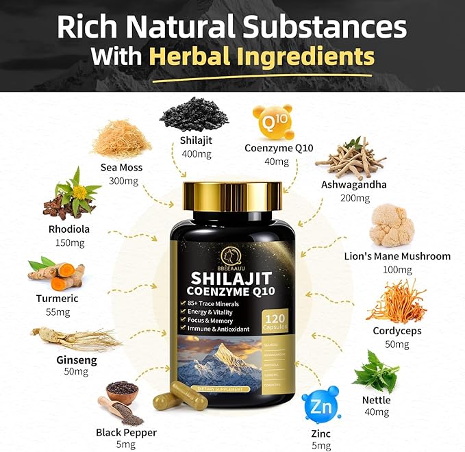 Shilajit for Men with Sea Moss & Ashwagandha,12 in 1 Hima*Layan Shilajit Supplements Capsules with Coenzyme Q10, Fulvic Acid & Humic Acid, Lion's Mane, Support Energy & Immunity, 120 Counts