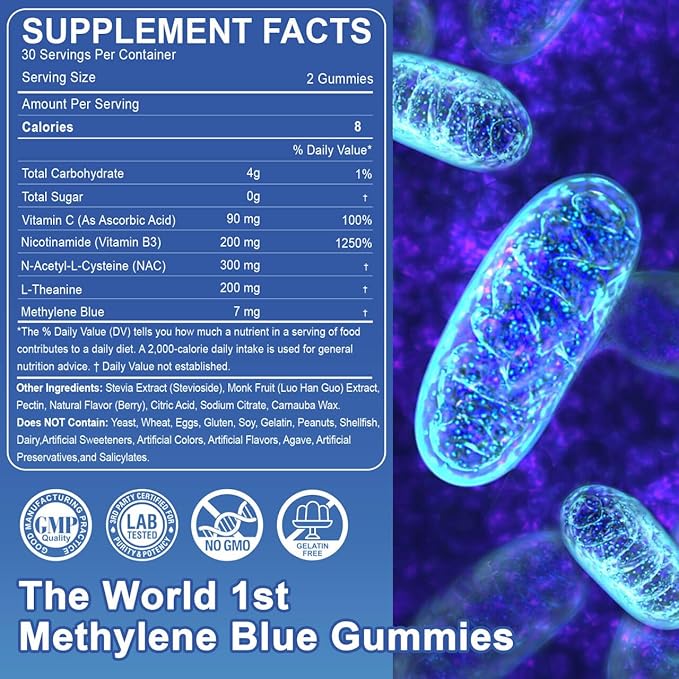 LILICARE Men's Methylene Blue Gummies 7mg, Methylene Blue for Humans Supplement w/NAC, VIT B3 & L-Theanine, Brain & Mitochondrial Support, Enhances Energy, Focus and Cognitive, Sugar Free, 60 Ct
