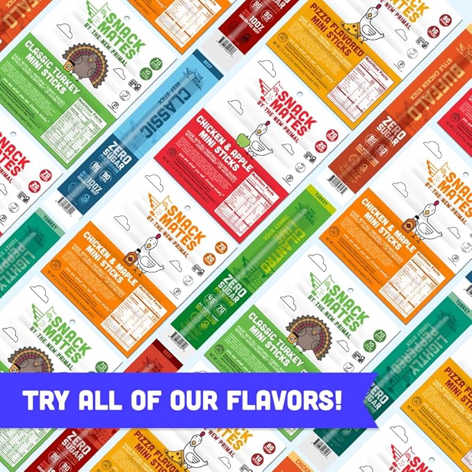 The New Primal Snack Mates Chicken & Maple Sticks, Gluten Free Healthy Snacks for Kids, Low Sugar High Protein Back to School Snacks, Mini Paleo Jerky Meat Stick, 5g Protein, 35 Calories, 0.5 Ounce (Pack of 90)