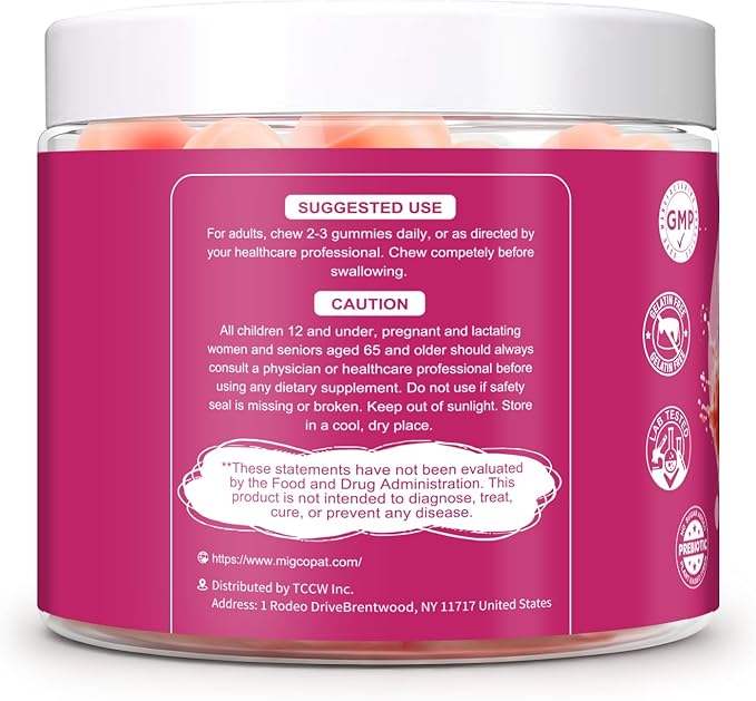 Migcopat 10G Fiber Gummies with Collagen Peptides, Hyaluronic Acid, Vitamin C, ACV, 30 Billion CFU Probiotics – Sugar Free Collagen Gummy for Skin, Hair & Nails – Digestive Health Support – 60 Cts