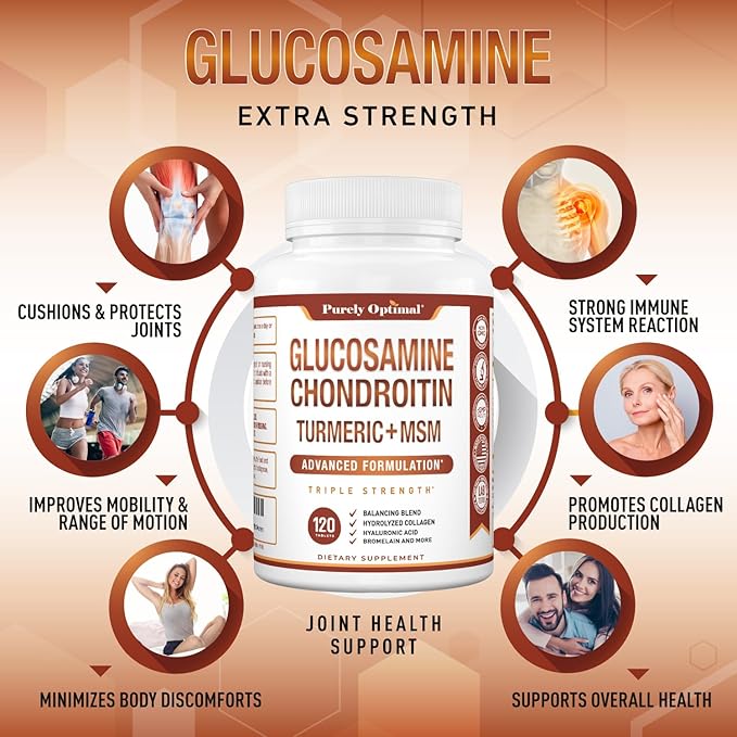 Purely Optimal Glucosamine Chondroitin MSM Supplement w/Turmeric & Boswellia - Glucosamine Sulfate Joint Supplement for Men & Women - 120 Tablets