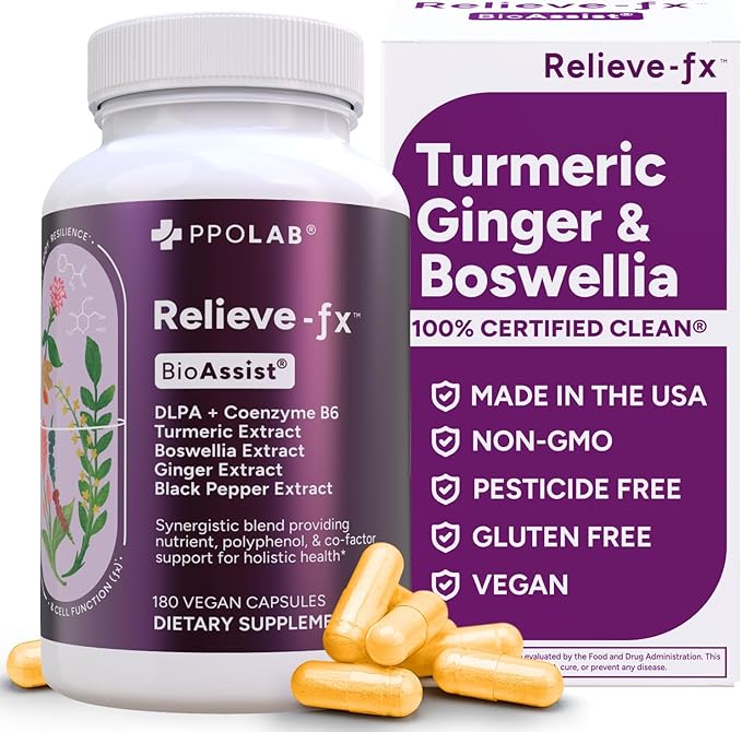 PPO Lab® Relieve-fx™ DLPA Boswellia Turmeric Ginger Supplement for Inflammation Health, Heart, Gut, Cramps, Joint, Stress Relief Factors as Curcumin, Boswellic Acid, Black Pepper Extract, 180 Capsules