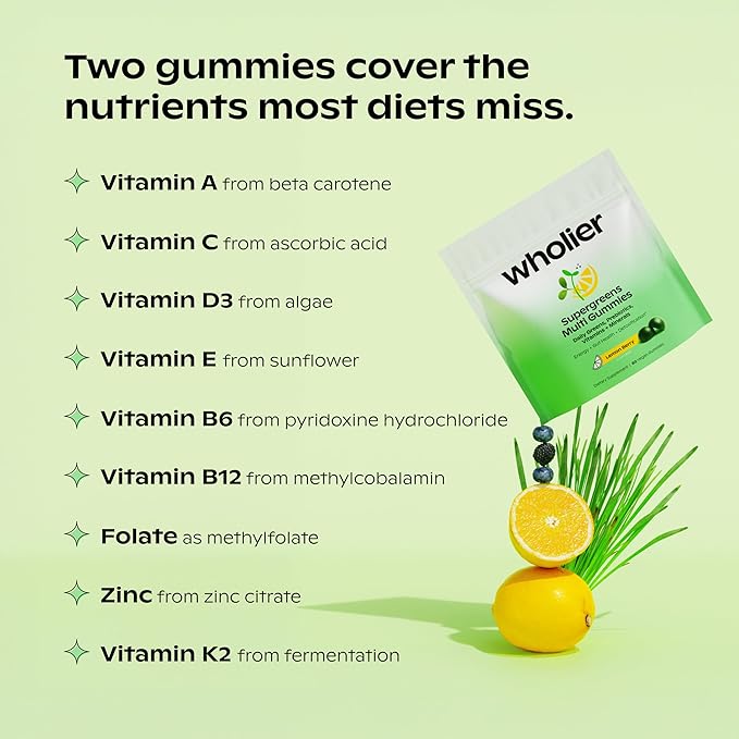 wholier Daily Supergreens Gummies, Greens Supplement with Prebiotics, Fiber, Adaptogens, Vegan Multivitamin, 9 Essential Vitamins + Minerals, 1g Sugar, 2 Gummy Serving (60 Gummies, 30 Day Supply)