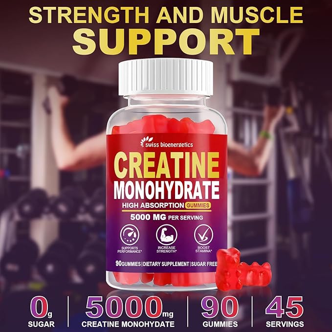 Creatine Monohydrate Gummies Infused with 5g Creatine for Men and Women, Chewable Creatine Monohydrate for Muscle Strength, Muscle Builder, Energy Boost, Pre-Workout Supplement- 90 Raspberry Gummies