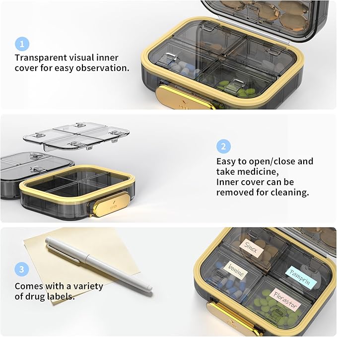 Travel Pill Organizer, Waterproof Weekly Pill Box 7 Day, Portable Container for Purse Pocket, Removable Compartments Daily Supplements Case, Airtight Storage for Outdoor (Black)