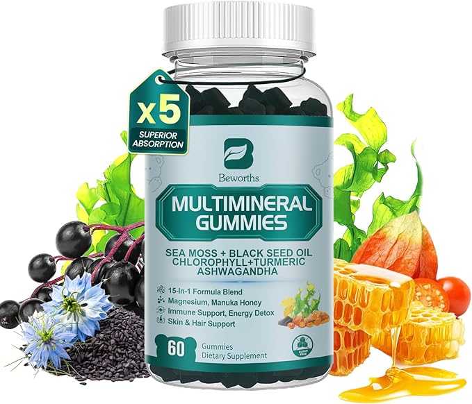 Sea Moss Gummies with Ashwagandha & Chlorophyll, Immune, Digestive and Gut Detox Support, Powered by Black Seed Oil, Vitamin C, Vitamin D & Magnesium, GMO, Vegan, Apple Flavor, 60 SeaMoss Gummies