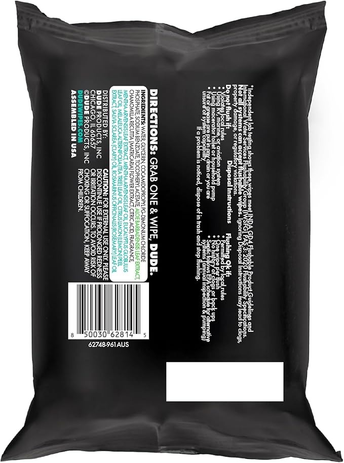 DUDE Wipes Mint Chill Travel Wipes - 6 Packs of 18 (108 Count) - Extra-Large Adult Flushable Wipes - Infused with Tea Tree Oil, Vitamin E, and Aloe - Septic and Sewer Safe