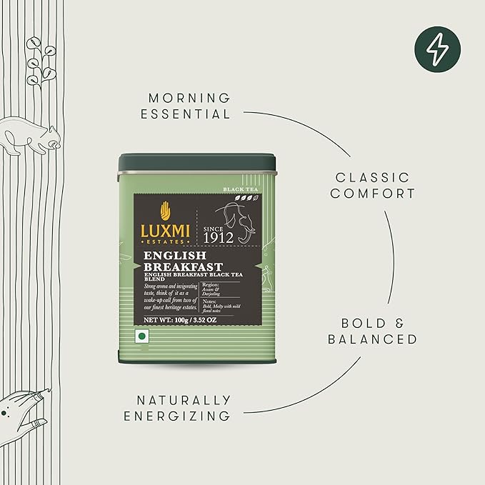 Luxmi Estates Tale of Two Estates English Breakfast Tea 100g/3.52oz (50 Cups) | Darjeeling Assam Black Tea Blend | Smooth Robust Caffeinated