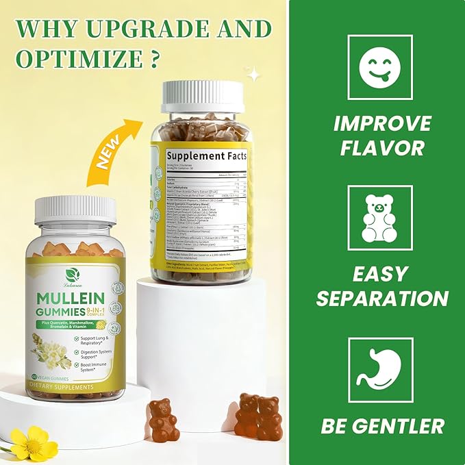 (2 Pack) 9 in 1 Mullein Gummies for Lung Cleanse & Lymphatic Drainage*, Extra Strength Mullein Leaf Extract w/Quercetin, Bromelain, Elderberry & Marshmallow for Respiratory & Immunity,Vegan,120 Count
