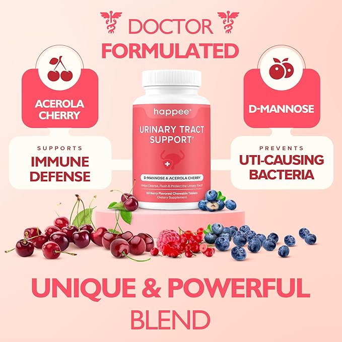 Happee Urinary Tract Health Supplement for Women & Men – Fast-Acting UTI Relief and Prevention, 500mg D-Mannose & Antioxidants, Supports Kidney and Bladder Health, Berry Flavor, 60 Chewables