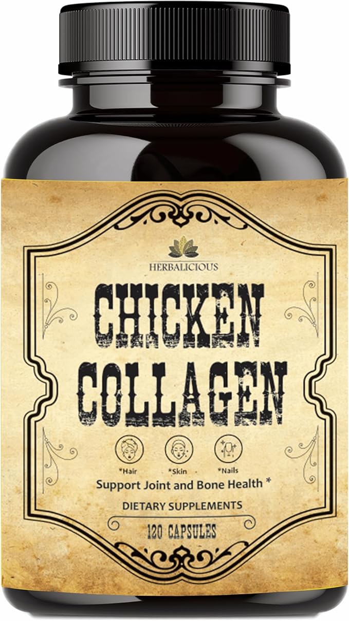 HERBALICIOUS Chicken Collagen Capsules – Collagen Supplement for Joint, Skin & Bone Support – Hydrolyzed Collagen Peptides from Chicken Bone Broth – Non-GMO, Anti-Aging – 120 Capsules