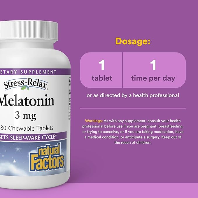Stress-Relax Melatonin 3 mg by Natural Factors, Natural Sleep Aid, Resets the Sleep-Wake Cycle, 180 chewable tablets (180 servings), Peppermint Flavor