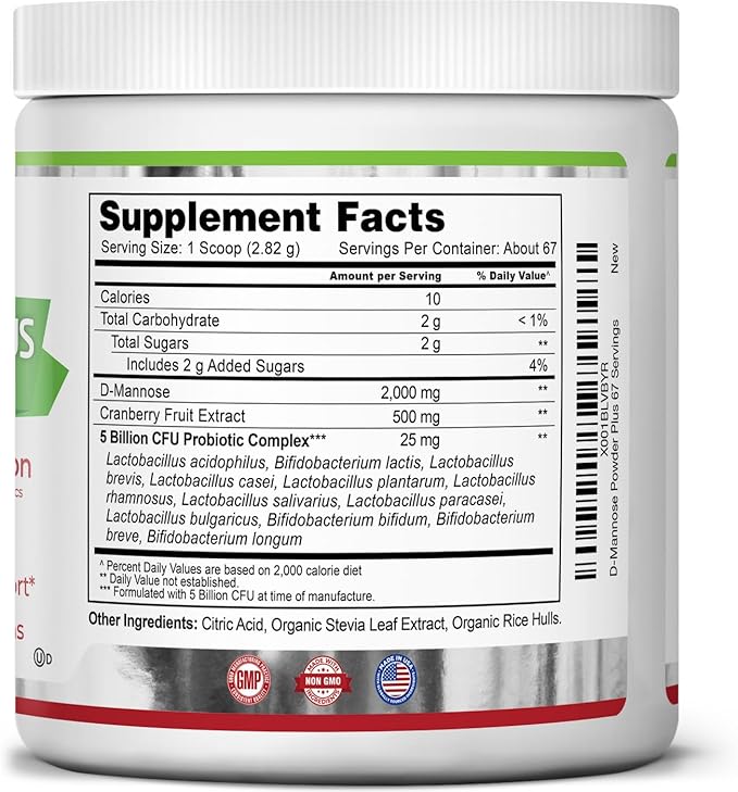 Zazzee D-Mannose Powder Plus, 2000 mg, 67 Servings, Plus 5 Billion CFU Probiotics and Pure Cranberry Juice Extract, Certified Kosher, Free Scoop, 6.67 oz, Urinary Tract Support, Non-GMO, All-Natural