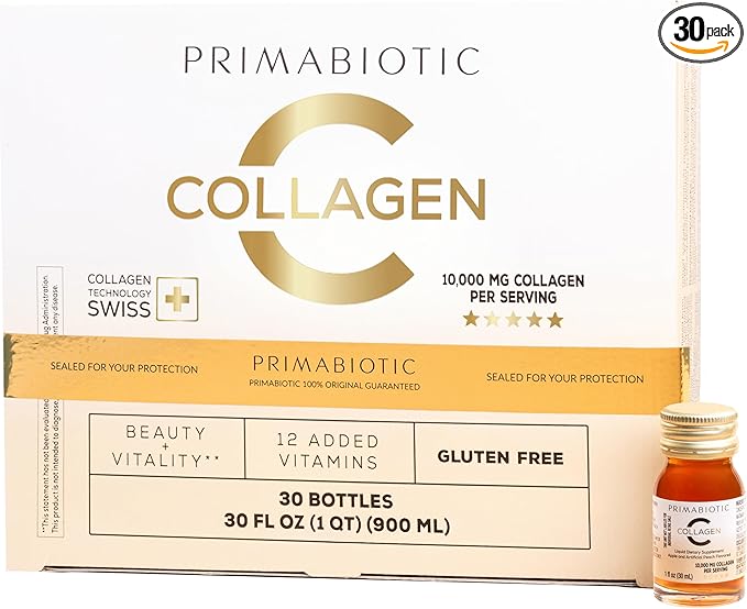 PRIMABIOTIC Liquid Collagen - High Collagen Content [10,000 Mg] Per Serving - Hydrolyzed Collagen and 12 Vitamins - Gluten Free- 900 Ml - Pack of 30 Bottles x 30 Ml (1)