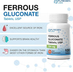 Puregen Labs Ferrous Gluconate 324 mg [High Potency] Iron Supplement, Gentle on Stomach - 100 Tablets