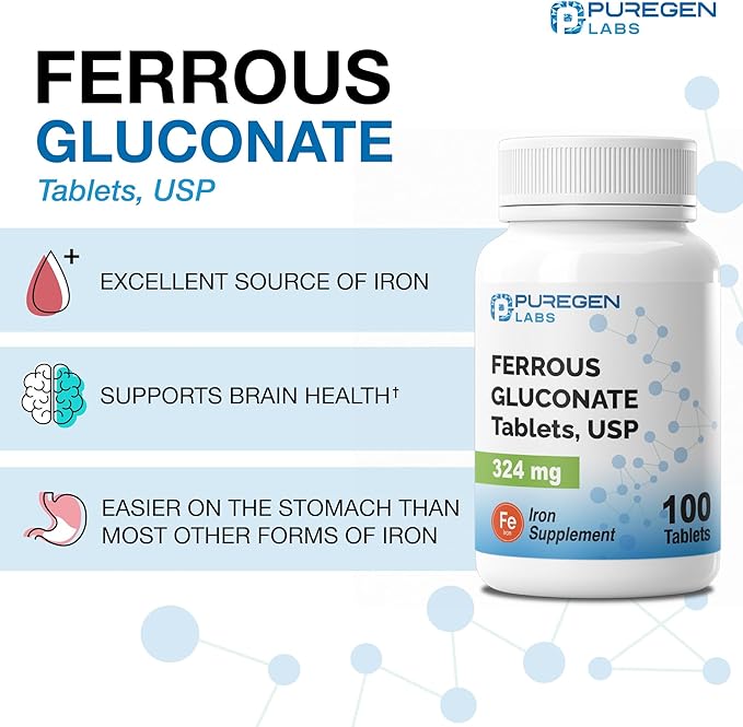 Puregen Labs Ferrous Gluconate 324 mg [High Potency] Iron Supplement, Gentle on Stomach - 100 Tablets