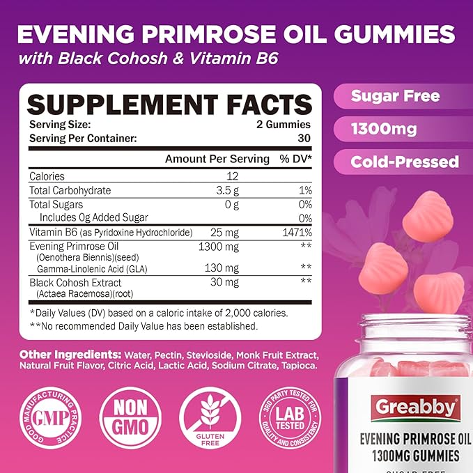 Evening Primrose Oil Gummies 1300mg with Black Cohosh & Vitamin B6, Sugar-Free, PMS Relief Supplements for Women 20-45, Chewable PMS Gummies, Strawberry Flavor, Vegan, Pectin, 120 Count