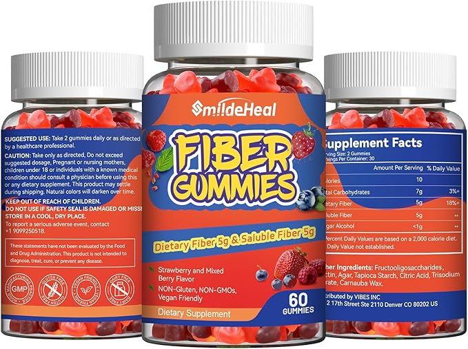 Fiber Gummies, Dietary Fiber, for Women and Men, Gut Health Support, Non-GMOs, Non-Gluten, Vegan, Mixed Berry and Strawberry Flavor, 120 Count Gummies