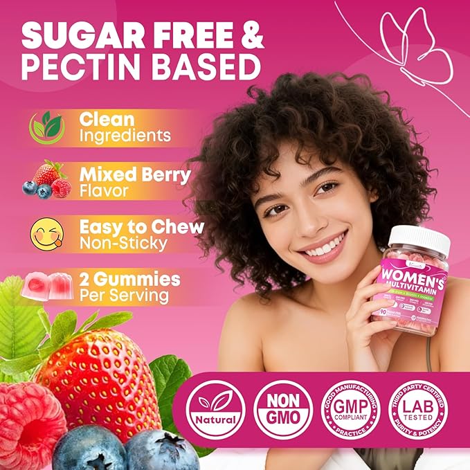180 Count Women's Multivitamin Gummy, Methylated Multivitamin for Women Gummies, Sugar Free Daily Vitamin with Iron, Omega 3, Biotin for Beauty, Immune, Hair & Skin - Vegan, Mixed Berry Flavor