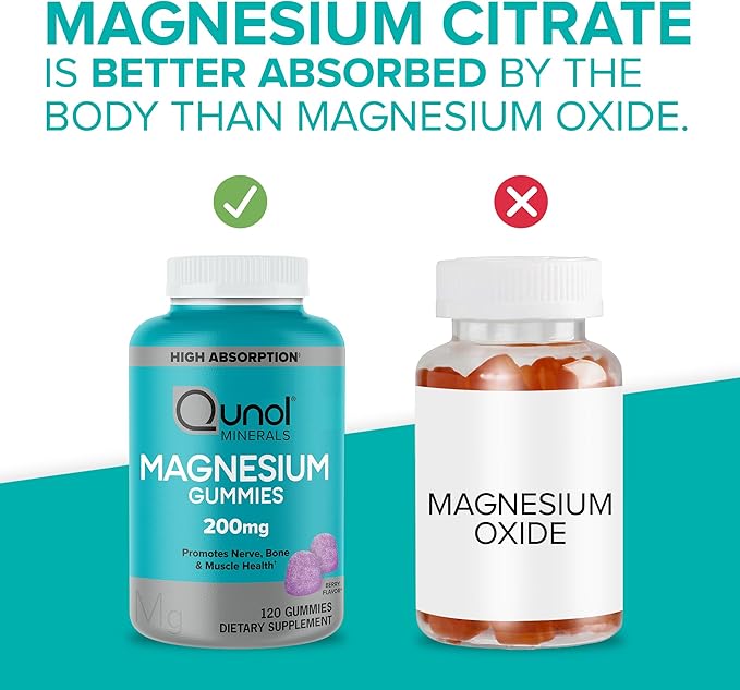 Qunol Magnesium Gummies for Adults, 200mg Elemental Magnesium (from 1,750mg Magnesium Citrate), High Absorption Magnesium Supplement, Supports Nerve, Bone and Muscle Health, Vegetarian, 120 Count