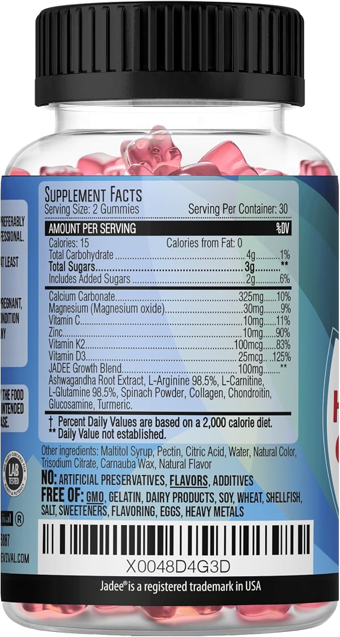 Jadee Height Growth Gummies for Teens & Kids Calcium 325mg, Teen Vitamins D3,K2,C, Magnesium, Ashwagandha, Zinc, L-Arginine - Bone Healthy Growth, Development & Strength - Height Increase & Immunity