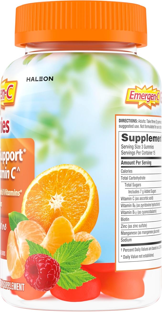 Emergen-C 750mg Vitamin C Gummies for Adults, Immunity Gummies with B Vitamins, Gluten Free, Orange, Tangerine and Raspberry Flavors, Back to School Essentials - 45 Count
