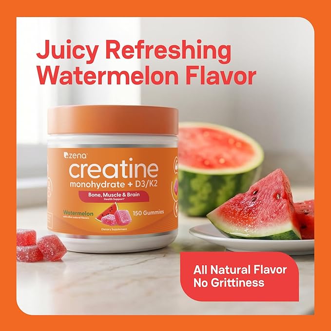 Zena Nutrition Creatine Gummies with D3 & K2, Creatine Monohydrate for Men and Women, Supports Bone, Muscle, & Cognitive Health, Gummy Workout Supplement, Watermelon Flavor, 150ct, 30 Daily Servings