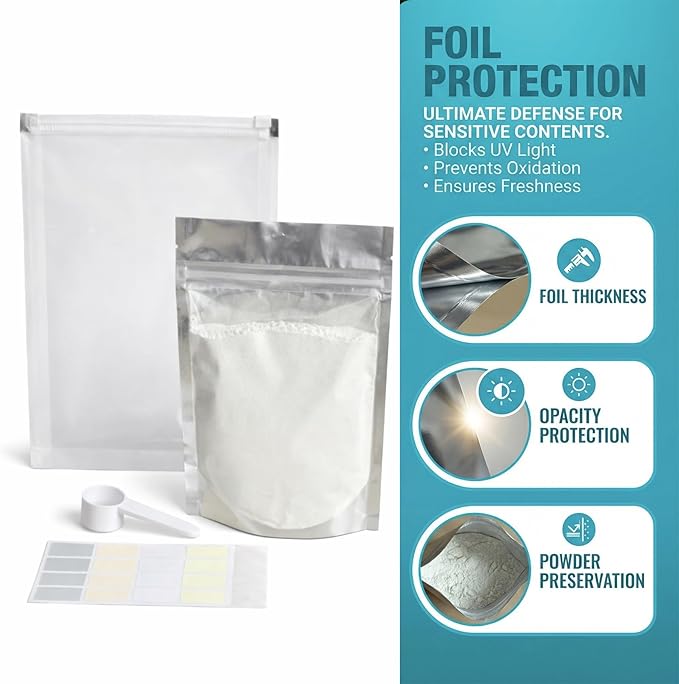 Protein Powder Travel Container Set, 50 Foil Single-Serve Pouches with Labels, Storage Pouch & 5g Spoon, Portable Supplement Containers for Gym Use