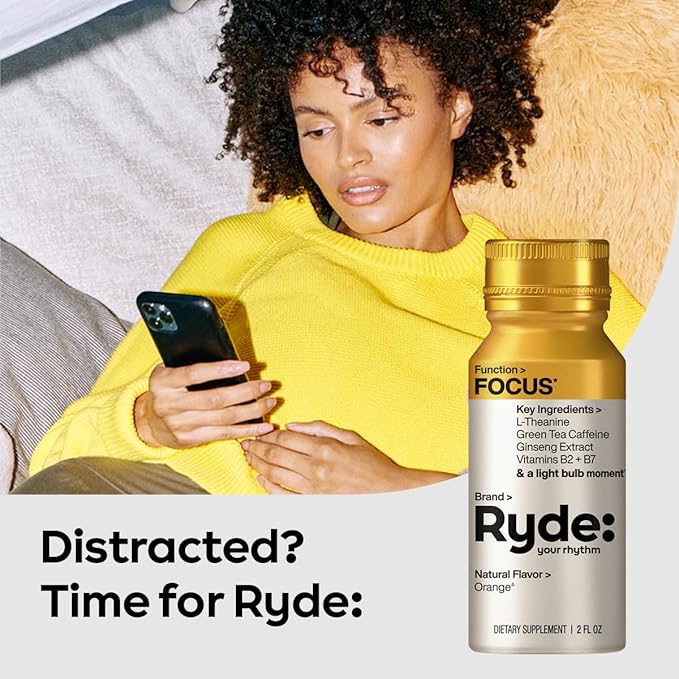 Ryde: Focus Shot | Orange Flavor | L-Theanine & Ginseng | Green Tea Caffeine | Vitamins B2 & B7 | 0 Calories, 0 Sugar | 2 FL OZ Shots | Supports Focus* (24 Pack)