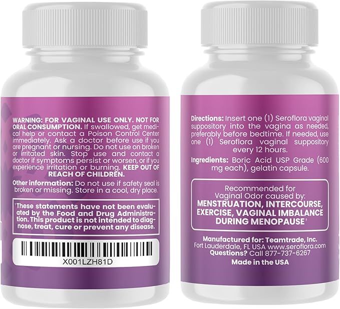 Seroflora Boric Acid 600mg Feminine Capsules, Feminine pH Support, Intimate Freshness for Women, Fast-Dissolving Capsules (30 Count) with Applicators (28 Count)