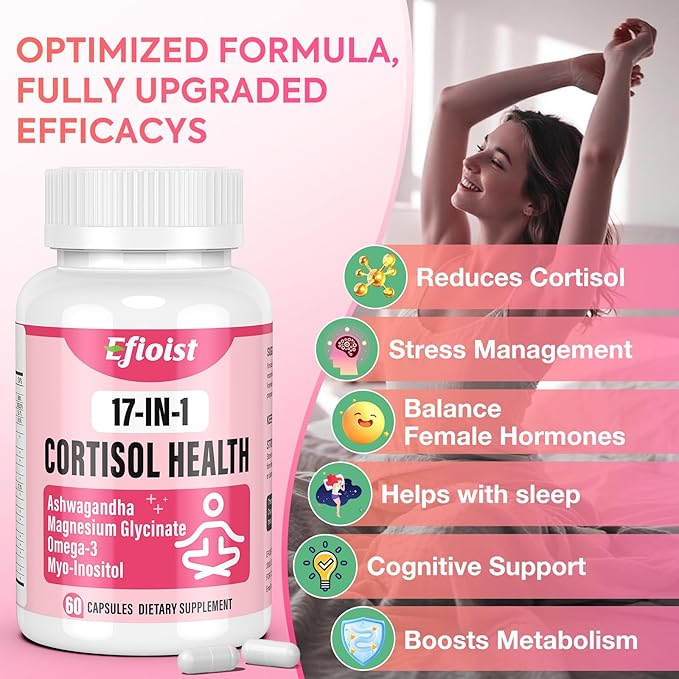 Cortisol Supplement for Women, 17-in-1 Hormone Harmony for Women, Cortisol Reducer with Ashwagandha, Rhodiola Rosea, Magnesium Glycinate, Omega-3, for Mood, Focus, Sleep Support, 60 Capsules