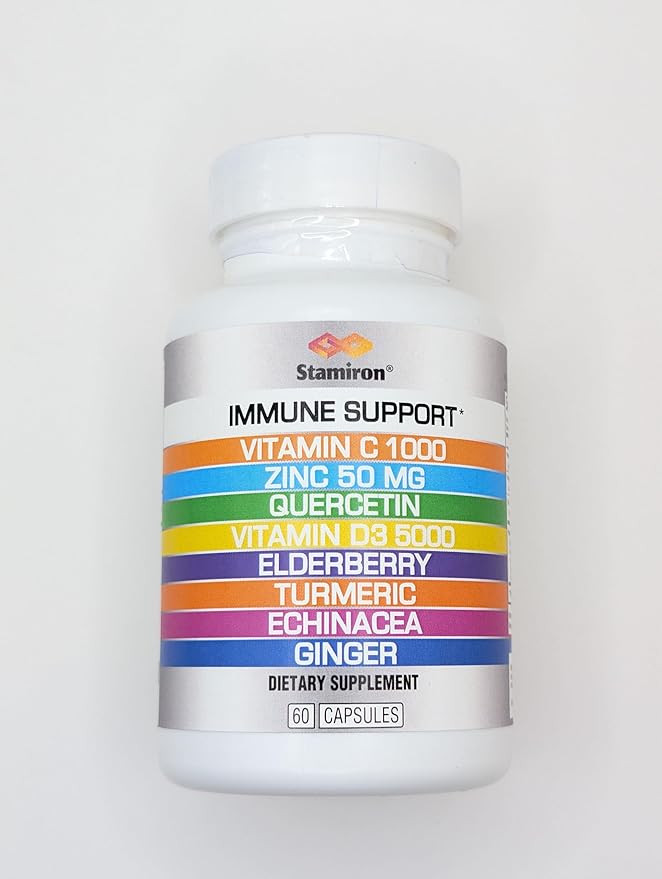 8 in 1 Immune Support with Quercetin Zinc 50mg Vitamin C 1000mg Vitamin D3 5000 IU and Elderberry Echinacea Ginger for Adults Kids - VIT D Supplement Veg Capsules
