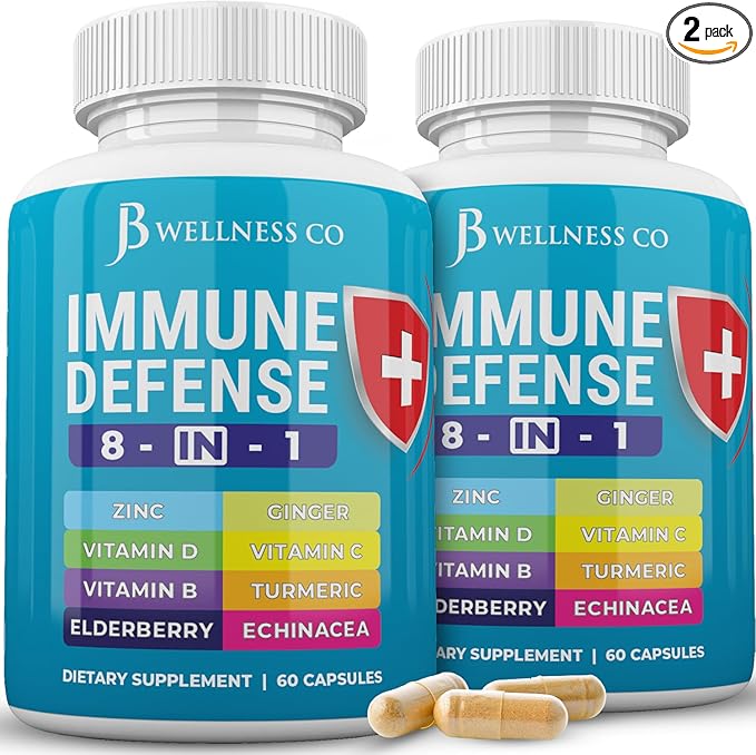 Immune Support 8 in 1 Capsules - Zinc Supplement, Vitamin D3, Vitamin C and Elderberry - Immune Booster with Echinacea, Ginger Root, and Turmeric - [2-Pack]