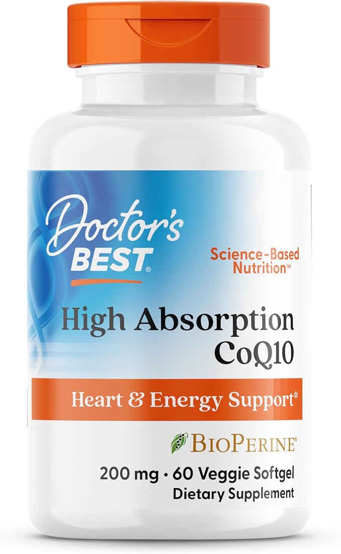 Doctor's Best High Absorption CoQ10 200mg with BioPerine Supplement - Coenzyme Q10 Softgels for Heart Health & Antioxidant Support, CoQ10 200 mg for Women & Men, Non GMO - 60 Veg Softgels