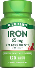Nature's Truth Iron Supplement | 65mg | 120 Tablets | 325mg Ferrous Sulfate | Non-GMO & Gluten Free Pills