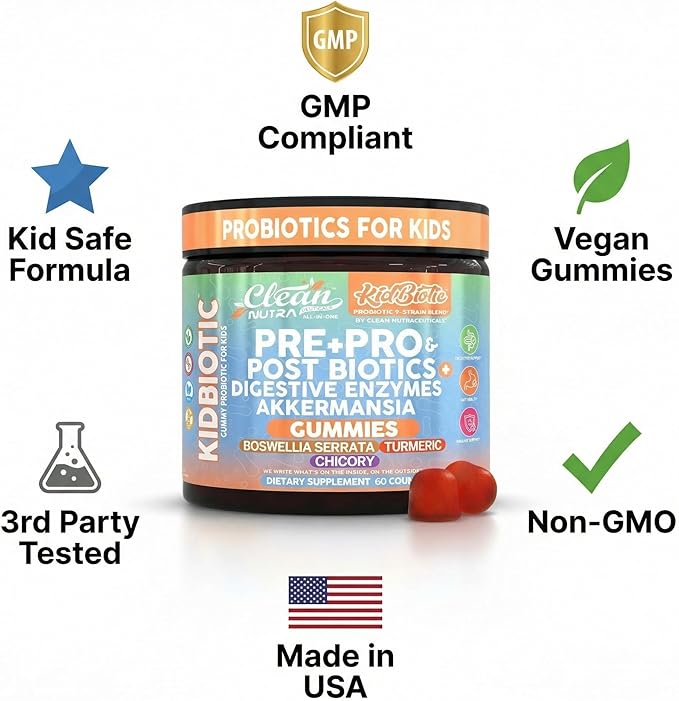 Clean Nutra Kids Probiotics Gummies with Prebiotics, Postbiotics, Digestive Enzymes, Akkermansia, Boswellia Serrata, Turmeric, Chicory – 60 Count – Plant-Based Supplement for Kids – PeachPop Flavor