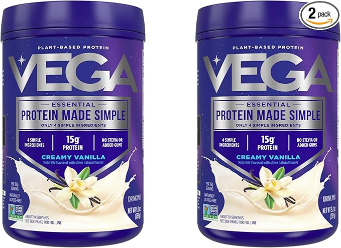 Vega Protein Made Simple Protein Powder, Vanilla - Stevia Free, Vegan, Plant Based, Healthy, Gluten Free, Pea Proteins for Women and Men (Packaging May Vary), 9.2 oz(Pack of 2)