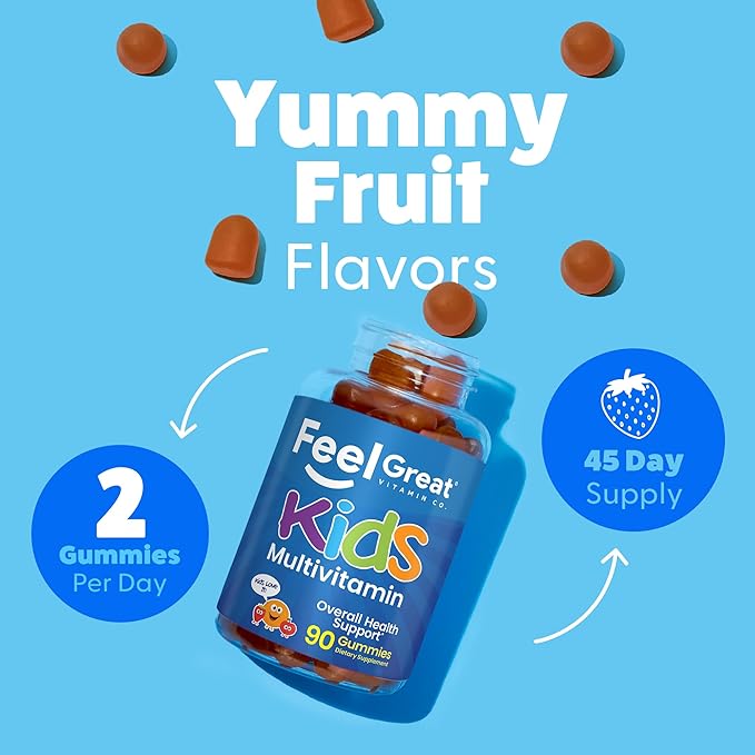 Feel Great Kids Multivitamin Gummies | Citrus & Strawberry Flavored Vitamins for Kids | Multivitamin Gummies with Vitamin D for Bone, Muscle & Immune Support | Chewable Vitamins | 45-Day Supply