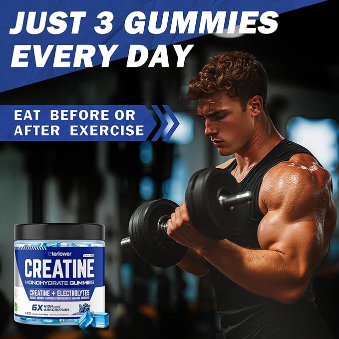 Creatine Monohydrate Gummies 5g – Pre-Workout Energy & Muscle Growth Support for Men & Women | Blueberry Electrolyte Gummies, 120 Count