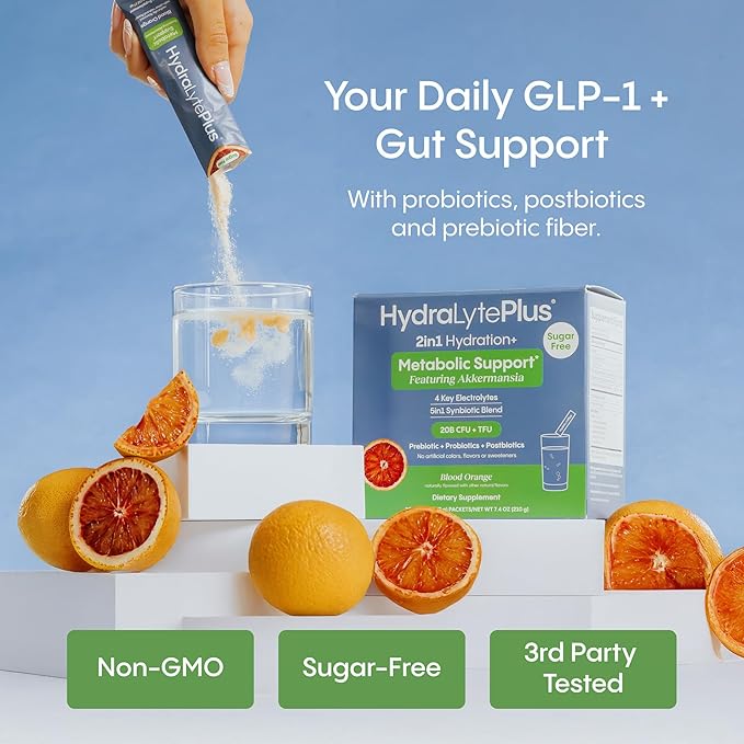 Hydralyte Plus Metabolic Support - GLP-1 Weight Loss Management and Gut Health - 5in1 Probiotic Blend - Akkermansia Muciniphila + Prebiotic Fiber + Electrolytes - Sugar Free (30 Packets)