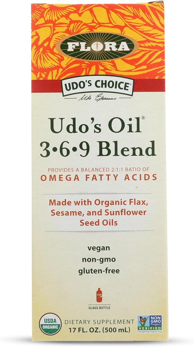 Flora - Udo's Choice Omega 369 Oil Blend, Made with Organic Flax, Sesame & Sunflower Seed Oils, Plant-Based Vegan Omega Fatty Acids, Based on Ideal 2:1:1 Ratio, 17-fl, oz. Glass Bottle