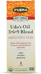 Flora - Udo's Choice Omega 369 Oil Blend, Made with Organic Flax, Sesame & Sunflower Seed Oils, Plant-Based Vegan Omega Fatty Acids, Based on Ideal 2:1:1 Ratio, 17-fl, oz. Glass Bottle