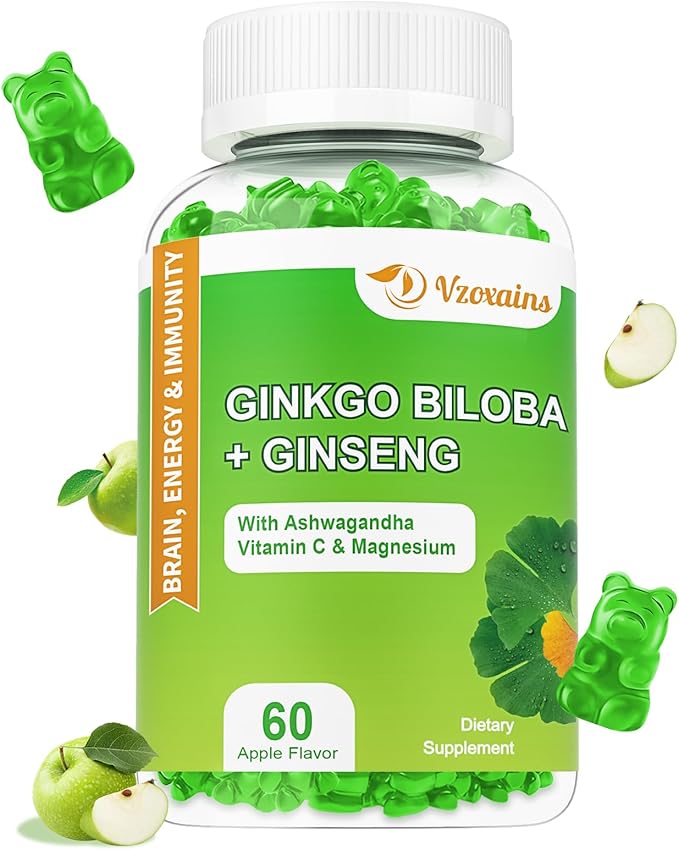 240MG Ginkgo Biloba Gummies with Ginseng and Magnesium, Ginko Biloba Supplements Gummies for Brain Focus, Mood and Memory for Adults, 60 Cts