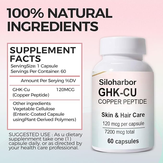 GHK-Cu Copper Peptide Supplement, 120mcg High-Purity Supplement for Skin & Hair, Enteric-Coated for Maximum Absorption, Vegan & Gluten-Free (60 Count)