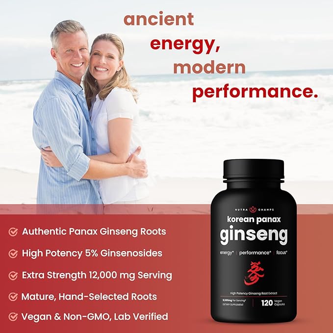 NutraChamps Korean Red Panax Ginseng Capsules | Extra Strength Ginsenosides for Energy, Focus, Performance, Vitality & Immune Support | Korean Ginseng Root Extract (120, Red)