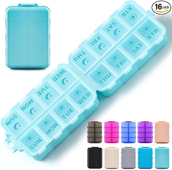 Foldable Weekly Pill Organizer 2 Times a Day with 2 Extra Compartments - Etched Labels - Portable 7 Day AM PM Medicine Box, Week Daily Travel Pill Case Holder for Vitamin, Supplement -Sky Blue